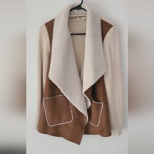 Anthopologie jacket with suede and faux fur details, knit jacket size xs